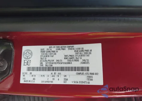 2016 Ford F-150 Xlt из США, поврежденный, VIN 1FTEW1EP5GFD22883